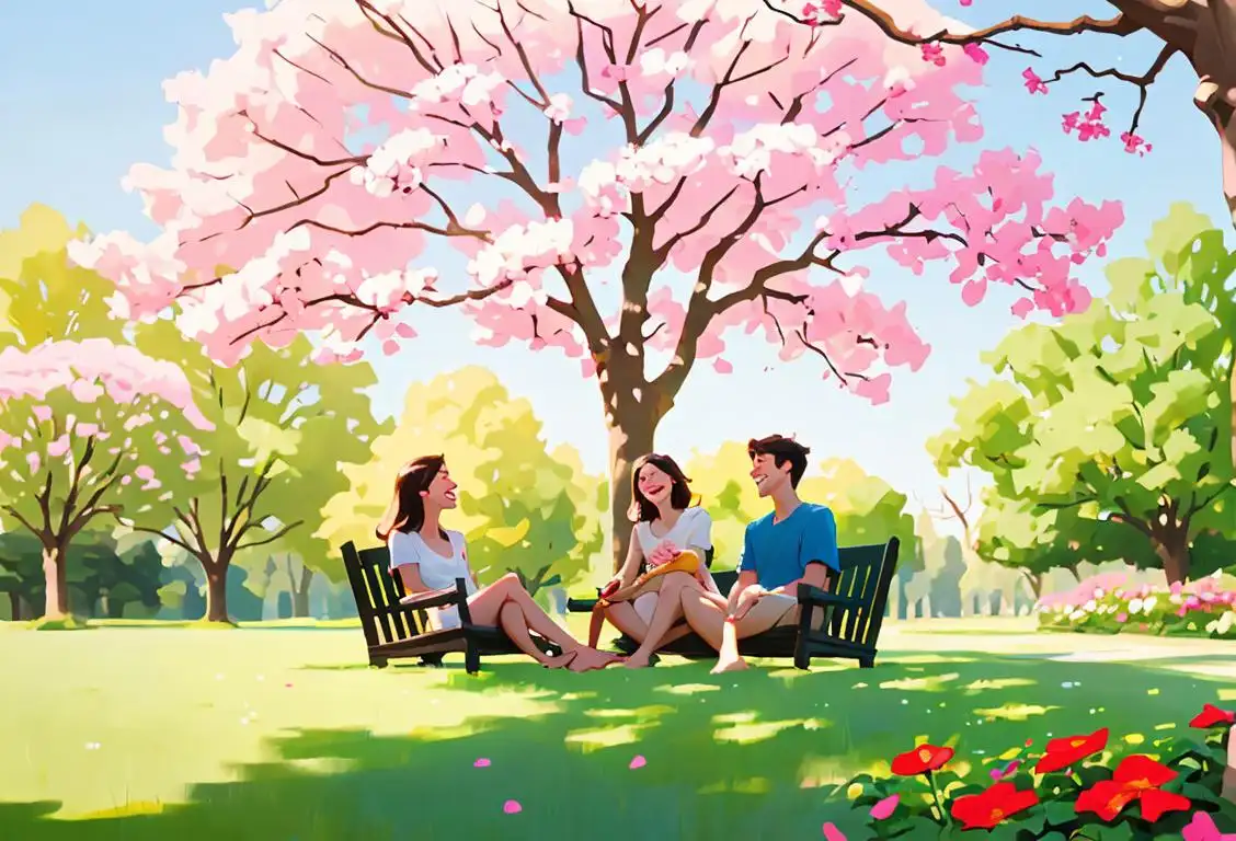 Young couple laughing, wearing casual summer outfits, sitting under a tree, surrounded by bright flowers..