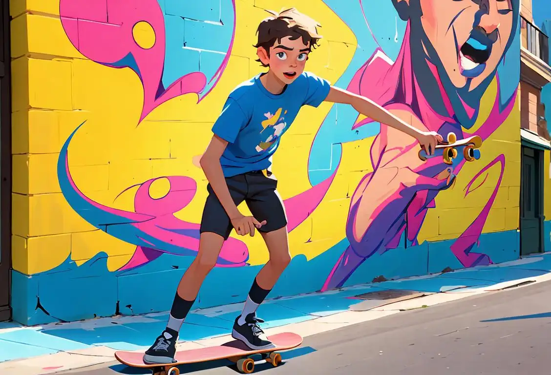 Young man wearing a t-shirt and shorts, riding a skateboard, surrounded by vibrant street art, celebrating National hlg Day..