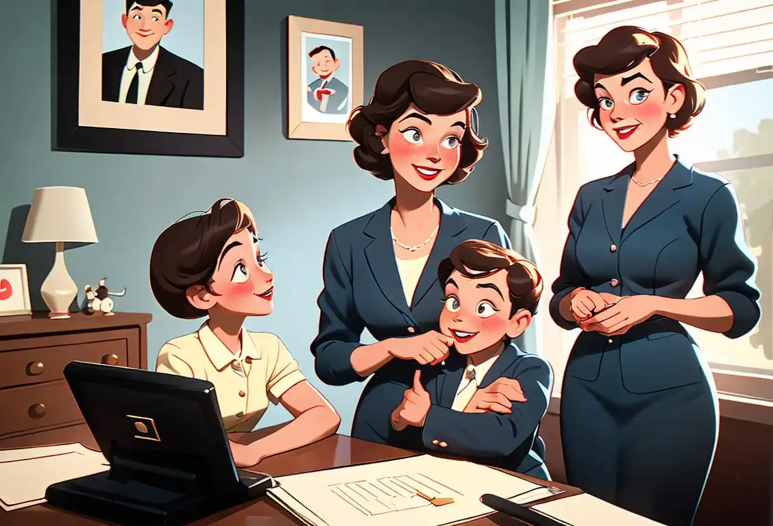 Friendly insurance agent helping a family secure their future with a smile. 1950s style office, vintage fashion, happy family scene..