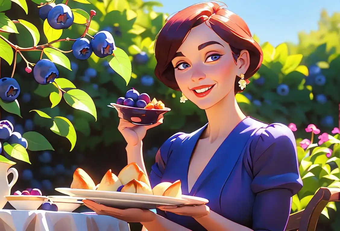 A cheerful woman holding a plate of blueberry popovers, wearing a vintage dress, in a sunny outdoor garden setting..