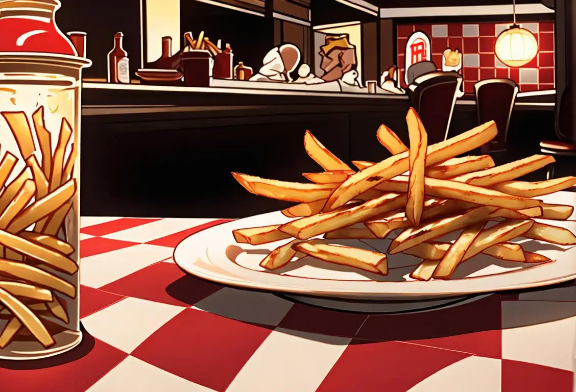 Crispy golden french fries next to an old-fashioned red ketchup bottle. Retro diner style with checkered tablecloth and jukebox in the background..