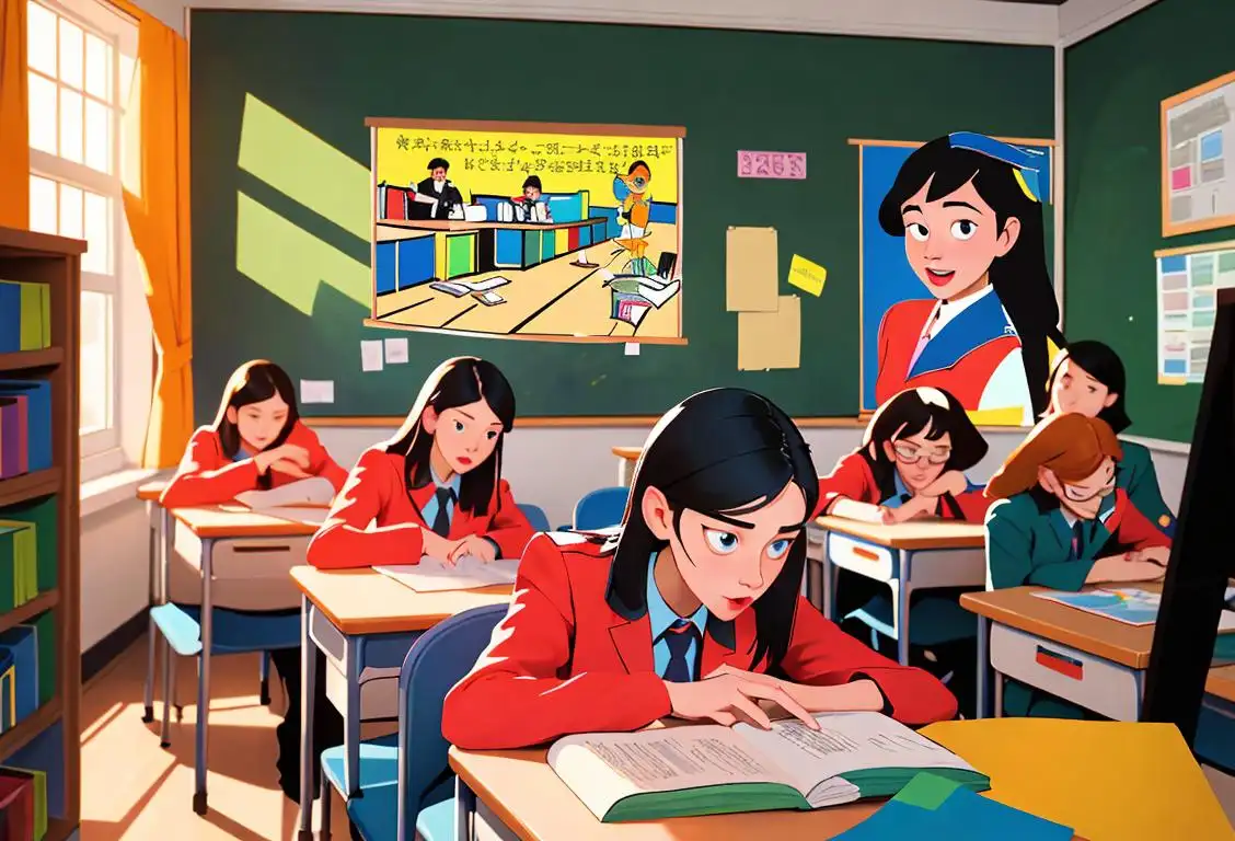 Students studying in a lively classroom, wearing colorful uniforms, surrounded by books and educational posters..