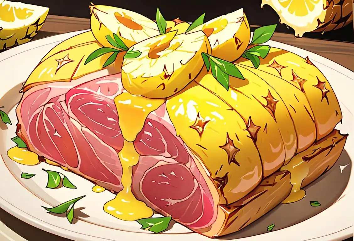 Close-up shot of a baked ham, smothered in a delicious pineapple glaze, surrounded by slices of juicy pineapple and garnished with fresh herbs..