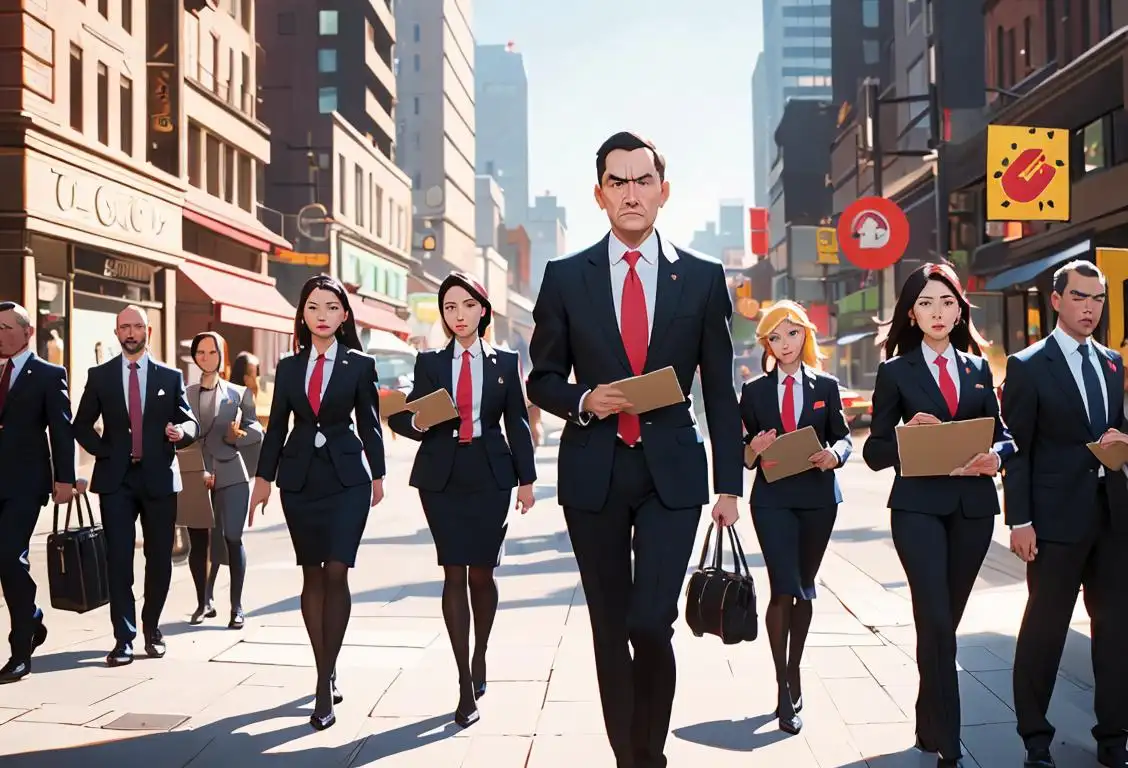 A diverse group of people in business attire, holding folders and looking serious, in a bustling city setting..