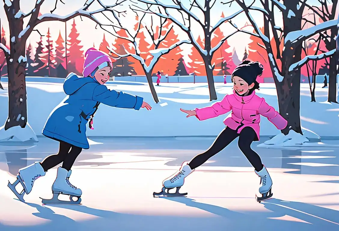 Young kids in colorful winter clothing, gracefully ice-skating on a frozen pond surrounded by snow-capped trees..