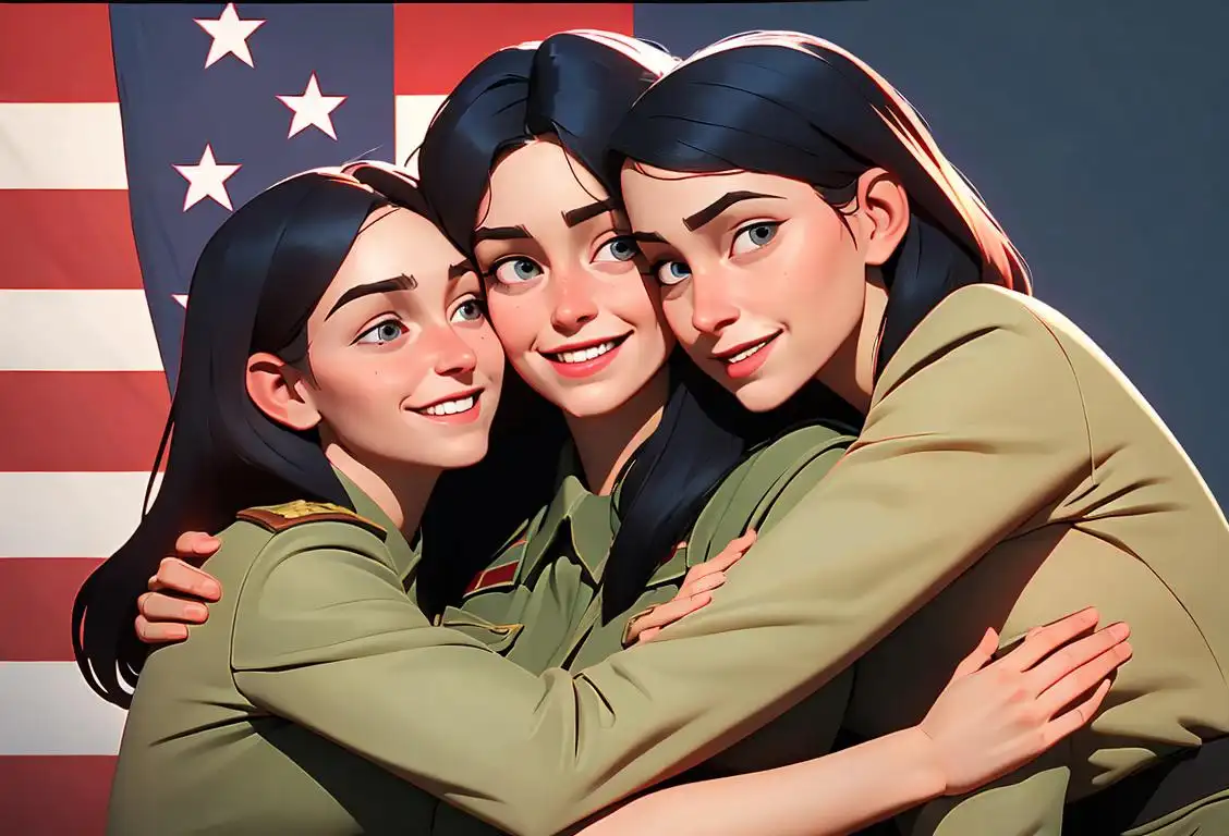 A family of four in military uniforms, smiling and hugging each other with a patriotic American flag backdrop..
