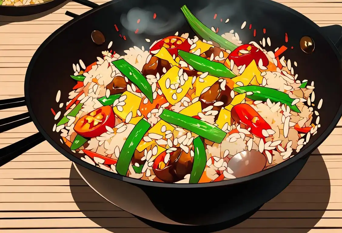 A chef in a bustling kitchen, flipping a wok filled with colorful vegetables and steaming fried rice, surrounded by chopsticks and exotic spices..