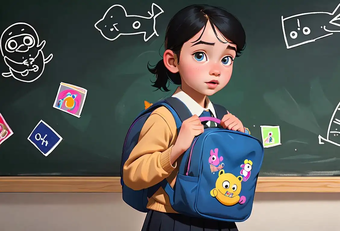 Young child holding a backpack, wearing a school uniform, surrounded by books and a blackboard decorated with colorful drawings..
