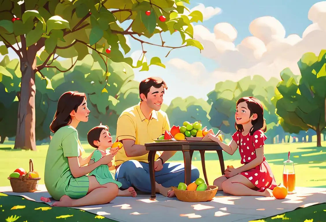 Happy family sitting outdoors, eating fresh fruits, wearing casual summer outfits, surrounded by nature..