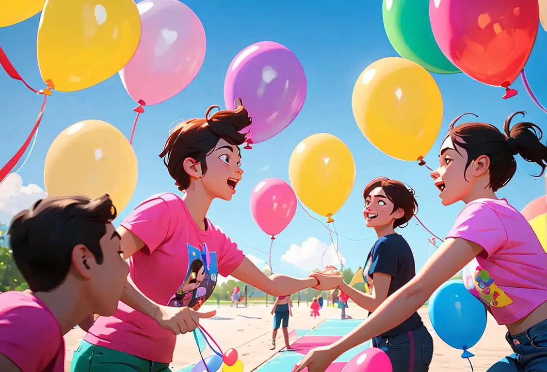 Group of diverse friends wearing matching t-shirts, playing outdoor games, surrounded by colorful balloons, having wholesome fun on National I Care About You Day..