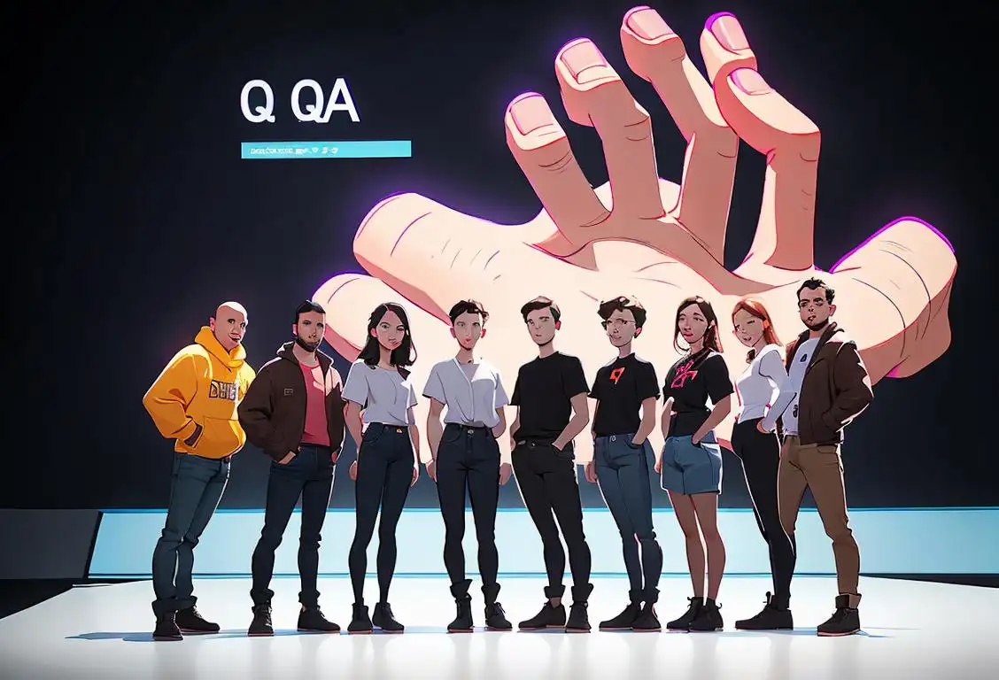 A diverse group of people wearing trendy clothes, standing in front of a digital screen with lines of code, symbolizing the unity and expertise of QA engineers..