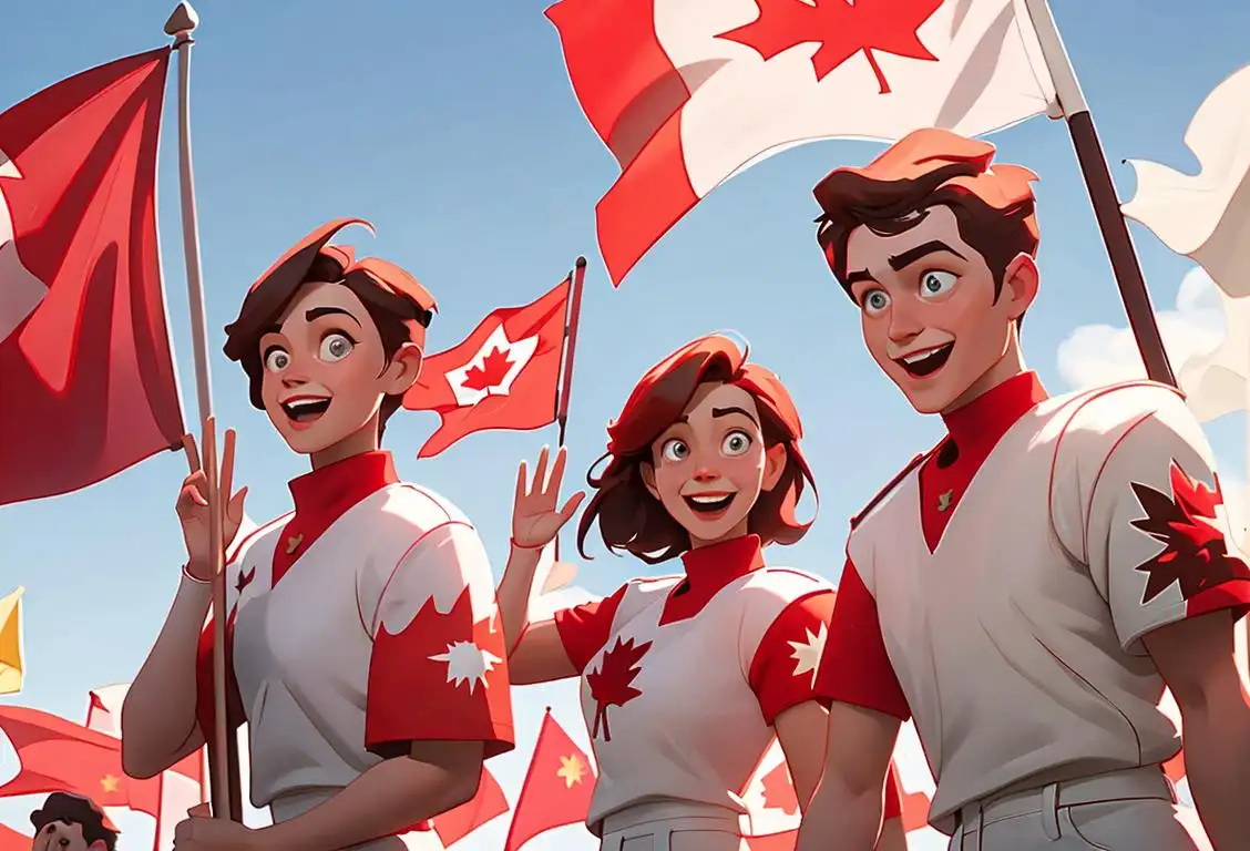 A cheerful group of people wearing red and white clothing, waving Canadian flags in a lively outdoor setting..