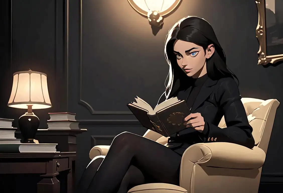 A person in trendy dark attire, sitting comfortably in a stylishly decorated dimly lit room, enjoying a book or engaging in a relaxing hobby..