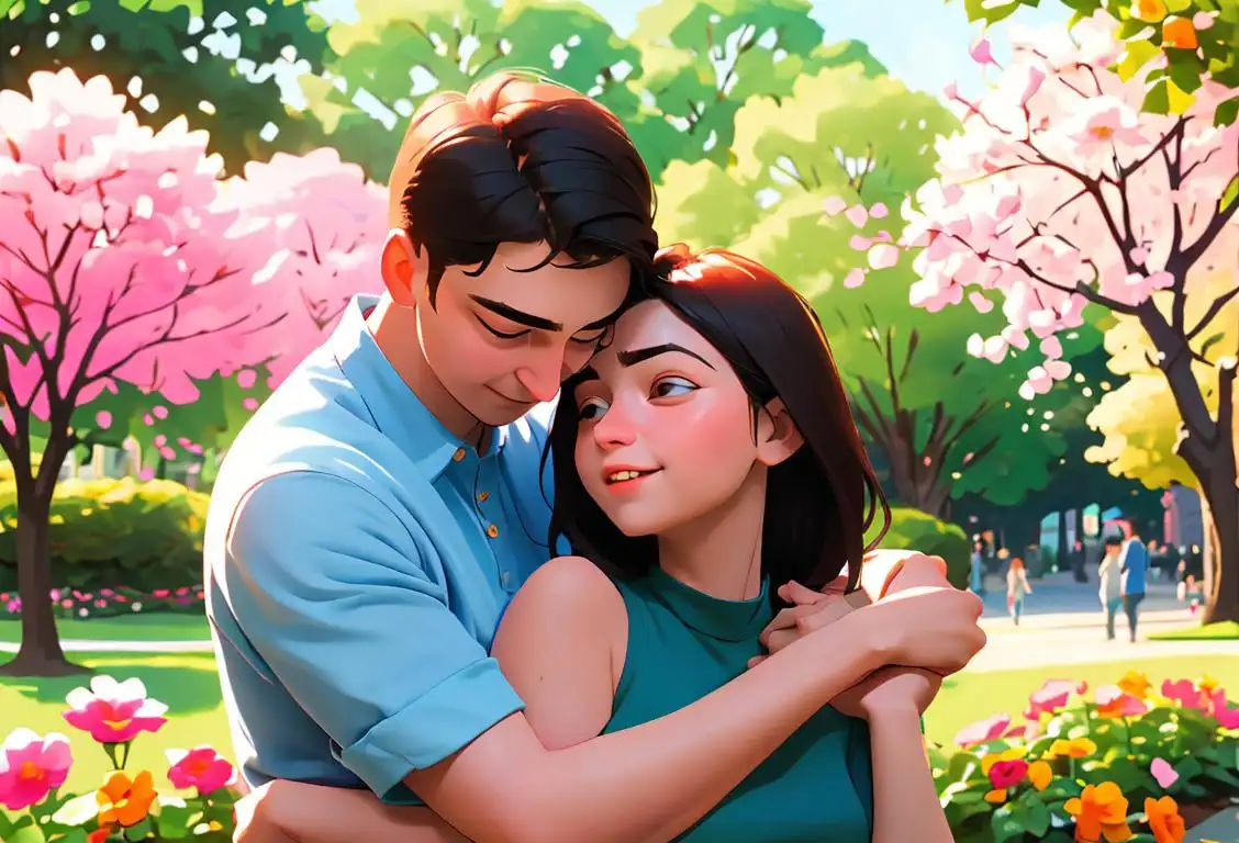 Young couple sharing a warm, friendly hug outdoors, dressed in casual attire, surrounded by blooming flowers and a sunny park..