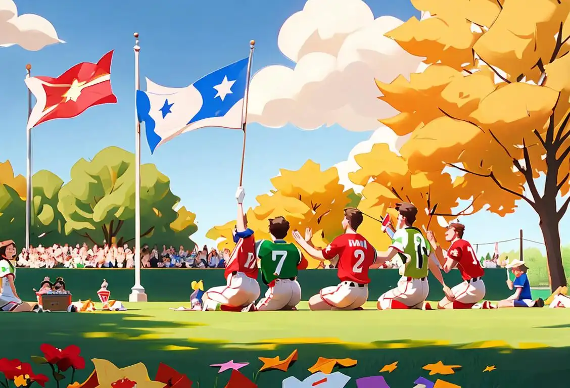 A group of friends waving national flags, wearing team jerseys, and enjoying a sunny Memorial Day picnic in a park..
