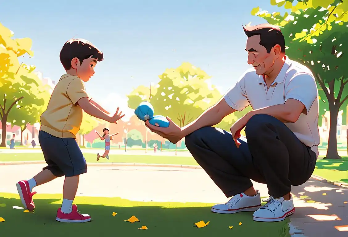 A loving father and child playing catch in a park, dressed in casual attire, with a backdrop of a sunny day..