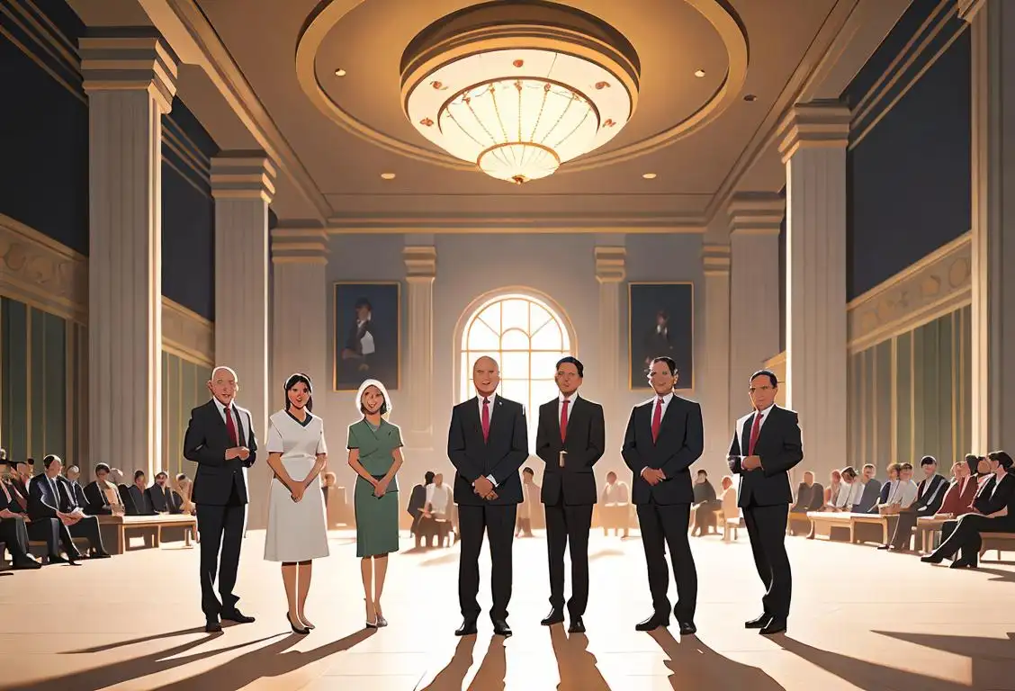 A diverse group of people representing different professions, ethnicities, and ages, dressed in business attire, standing in front of an assembly hall..