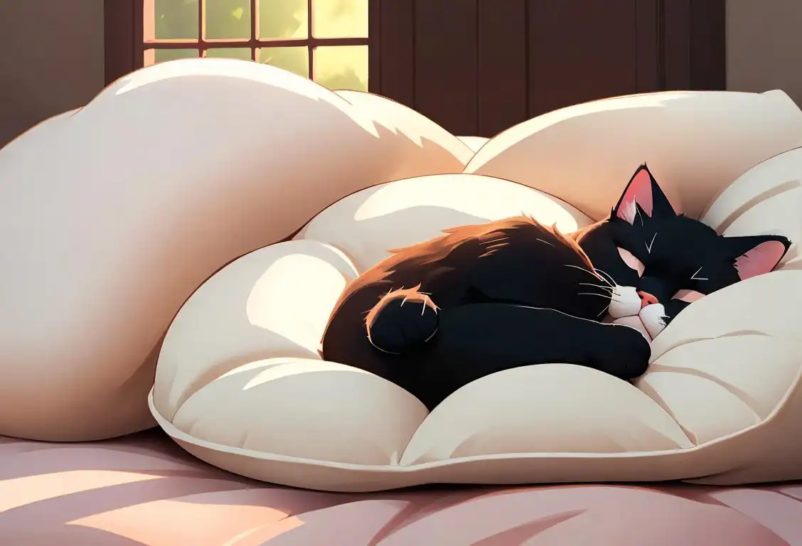 A cozy corner of a room with a fluffy blanket, a pillow, and a sleeping cat, inviting you to indulge in a peaceful nap..