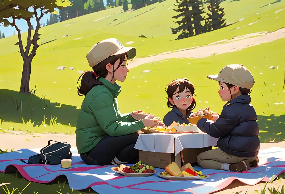 A family of hikers, young girl wearing a cap, picnic lunch with nature scenery in the background..