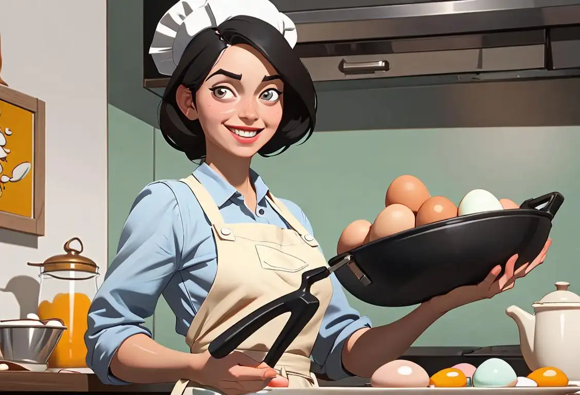 A cheerful girl in a kitchen, holding a frying pan with eggs, wearing an apron and a chef's hat..