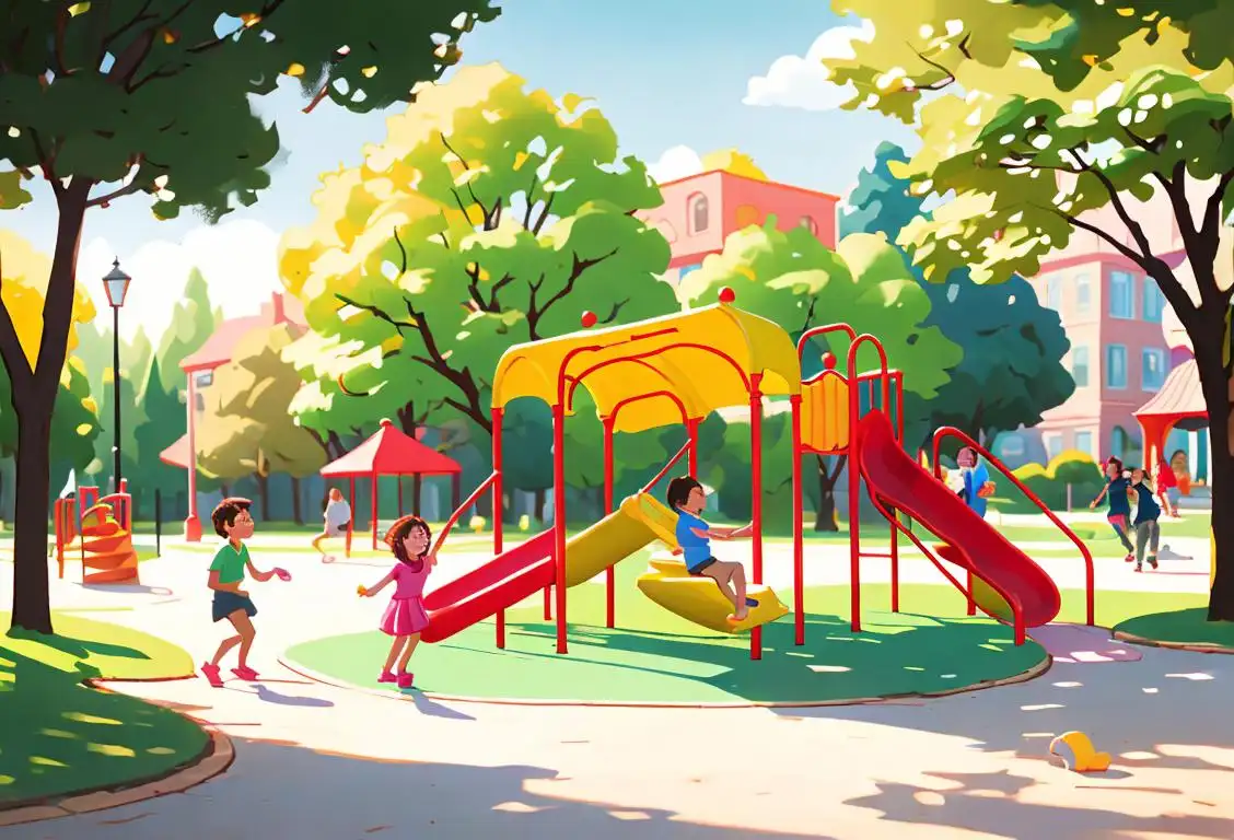 Siblings of different ages laughing and playing together in a park, dressed in casual clothes, surrounded by nature and colorful playground equipment..