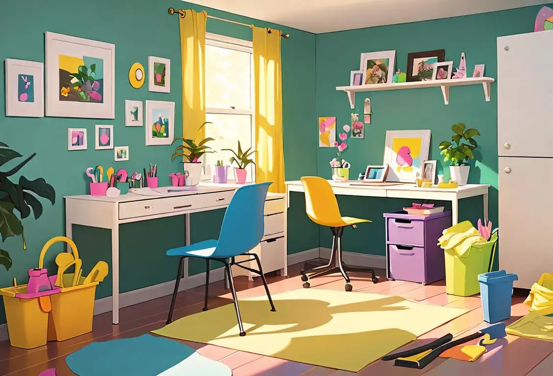 A cheerful person in casual clothing tidying up a well-organized and colorful room, surrounded by cleaning supplies, plants, and motivational posters..