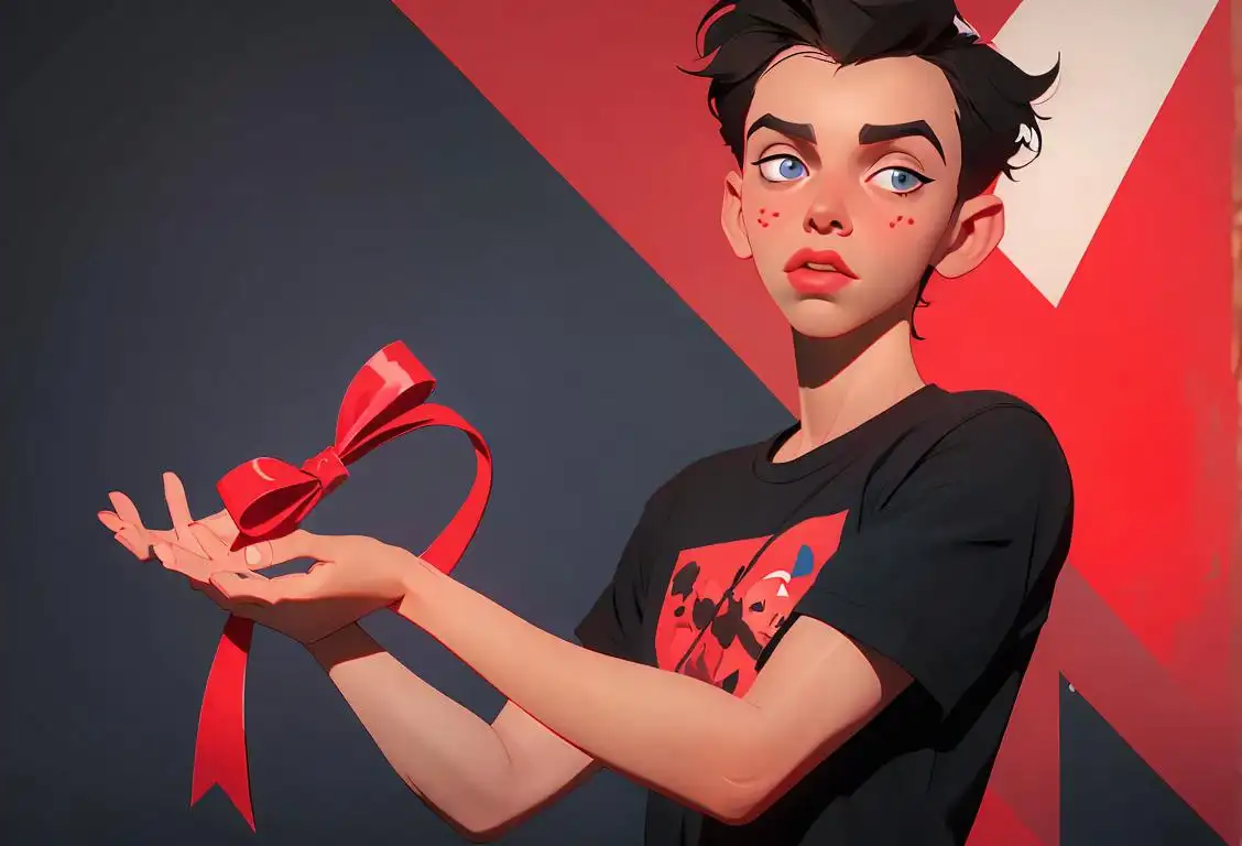 Young adult holding a red ribbon, wearing a trendy graphic t-shirt, urban street art background, emphasizing the importance of HIV/AIDS awareness..