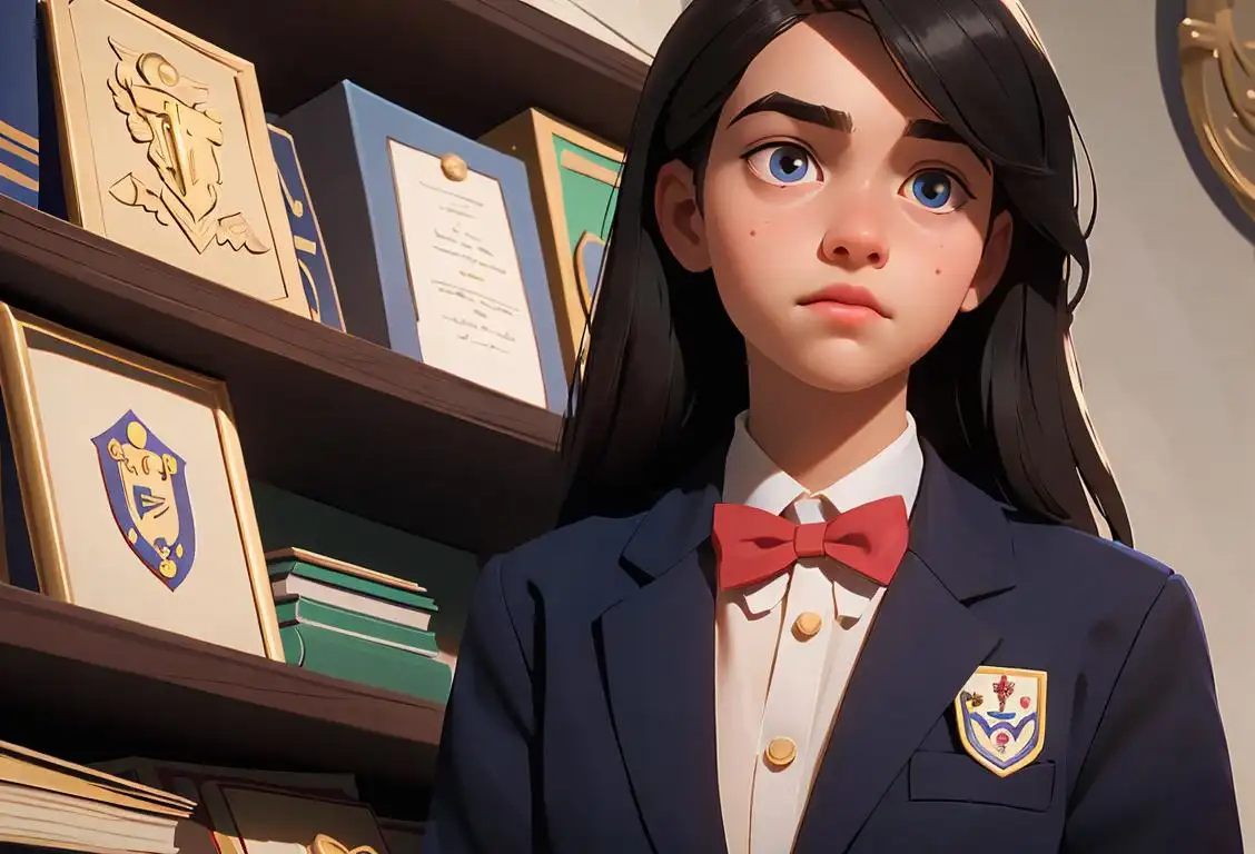 A close-up of a young student proudly wearing a National Junior Honor Society pin on their blazer, standing in front of a school backdrop with books and academic symbols..