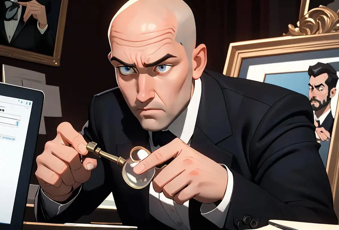 Young man in a suit, holding a magnifying glass, serious expression, office setting with a secure locked computer..