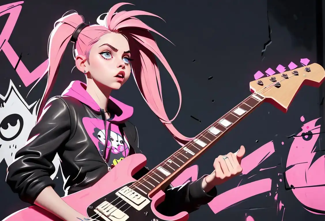 Avril Lavigne-inspired young woman rocking out with an electric guitar, punk-style outfit, graffiti-filled urban setting, energetic and rebellious attitude..