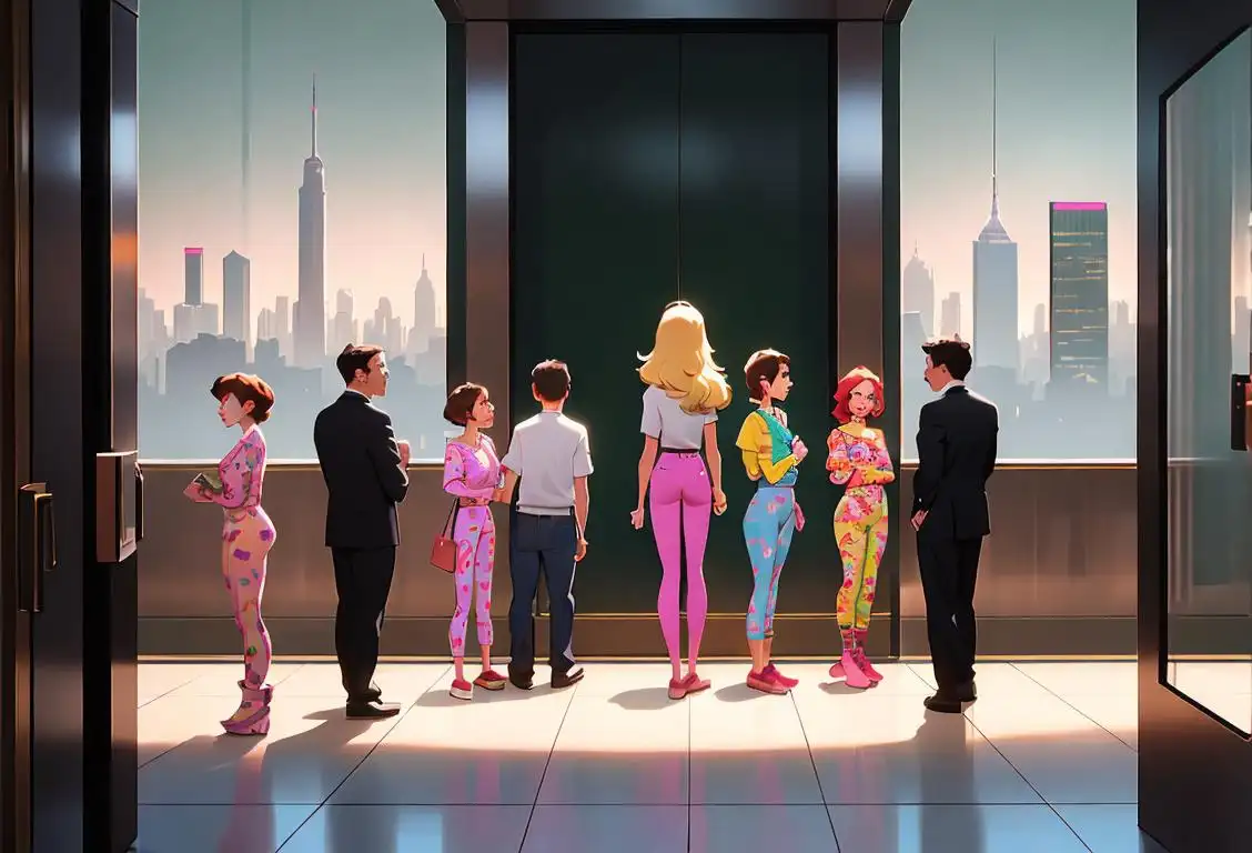 Group of people awkwardly standing in a crowded elevator, wearing mismatched outfits, modern city skyline in the background.