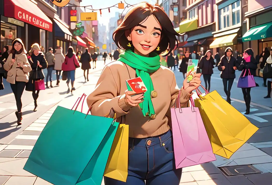 Joyful person holding multiple gift cards, surrounded by colorful shopping bags, wearing trendy clothes, bustling city street scene..