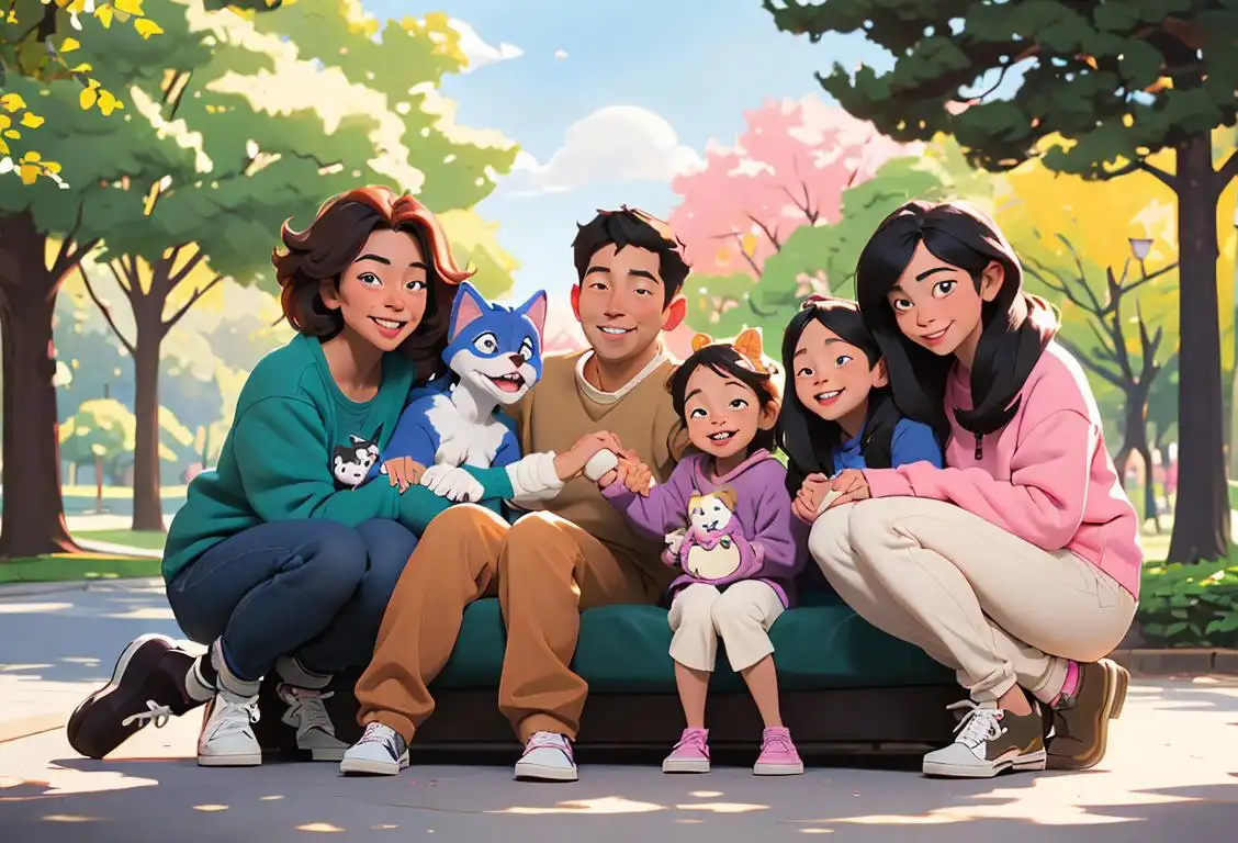 A group photo of diverse families smiling happily while holding hands with their adopted furry friends, wearing casual and comfy clothing, surrounded by a beautiful park scenery..