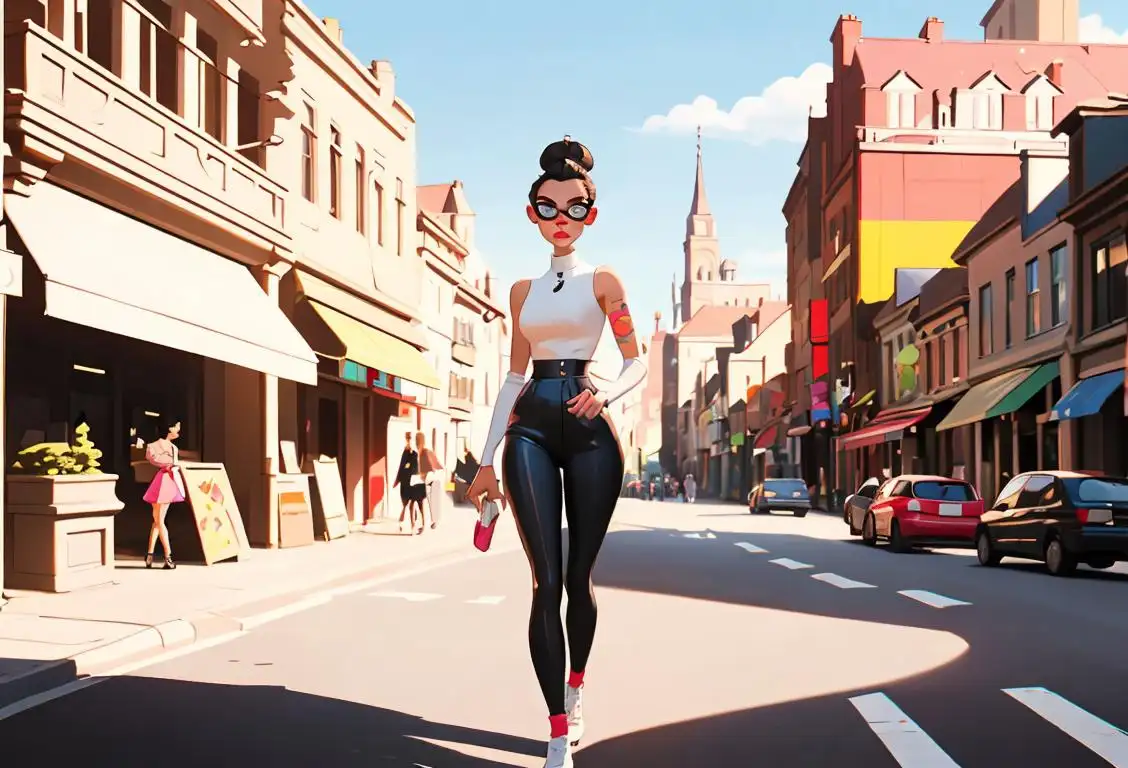 Young woman with a sleek high bun, wearing trendy sunglasses and a stylish outfit, walking through a vibrant cityscape..