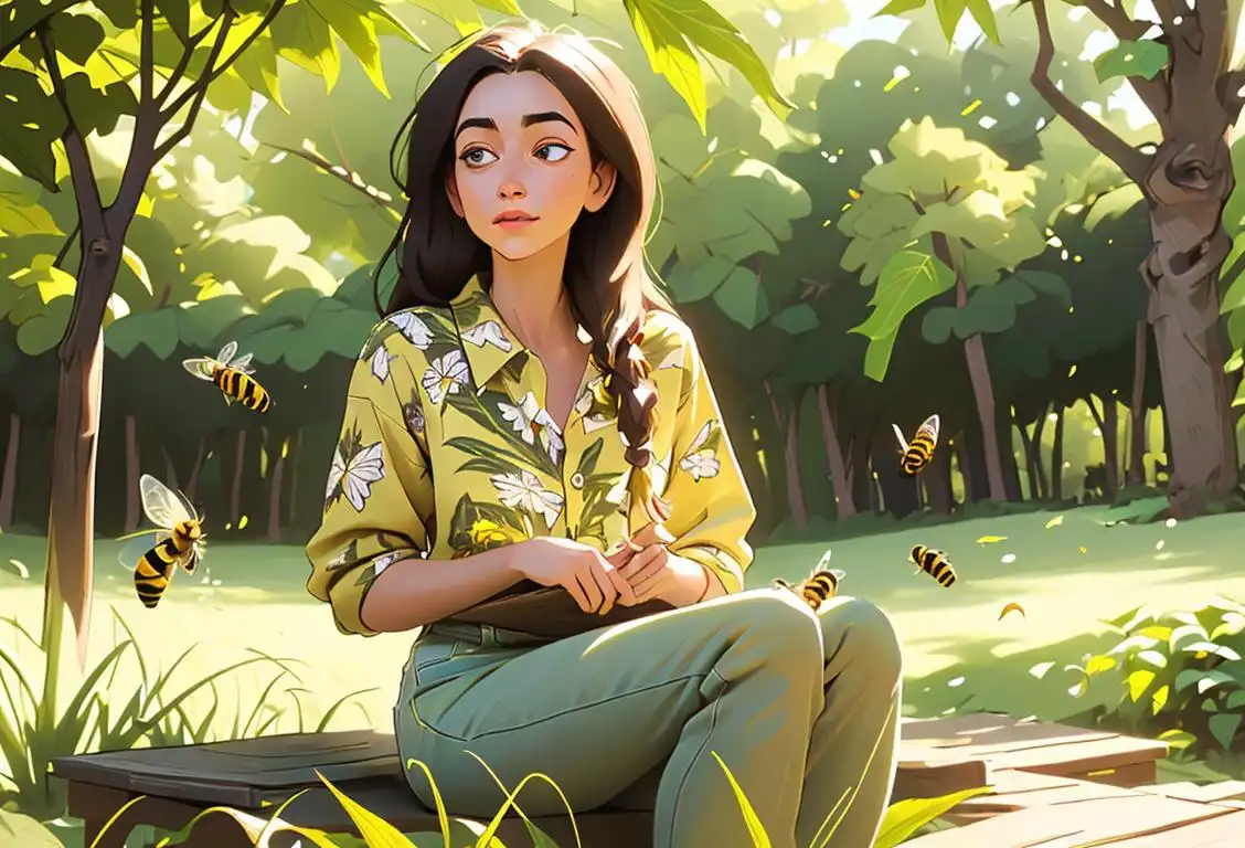 Young woman wearing a hemp leaf patterned shirt, sitting in a nature-filled park, surrounded by buzzing bees and online discussions about hemp. .