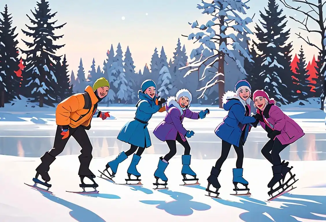 A group of joyful people ice skating on a frozen lake, wearing colorful winter coats and hats, surrounded by snow-covered trees..