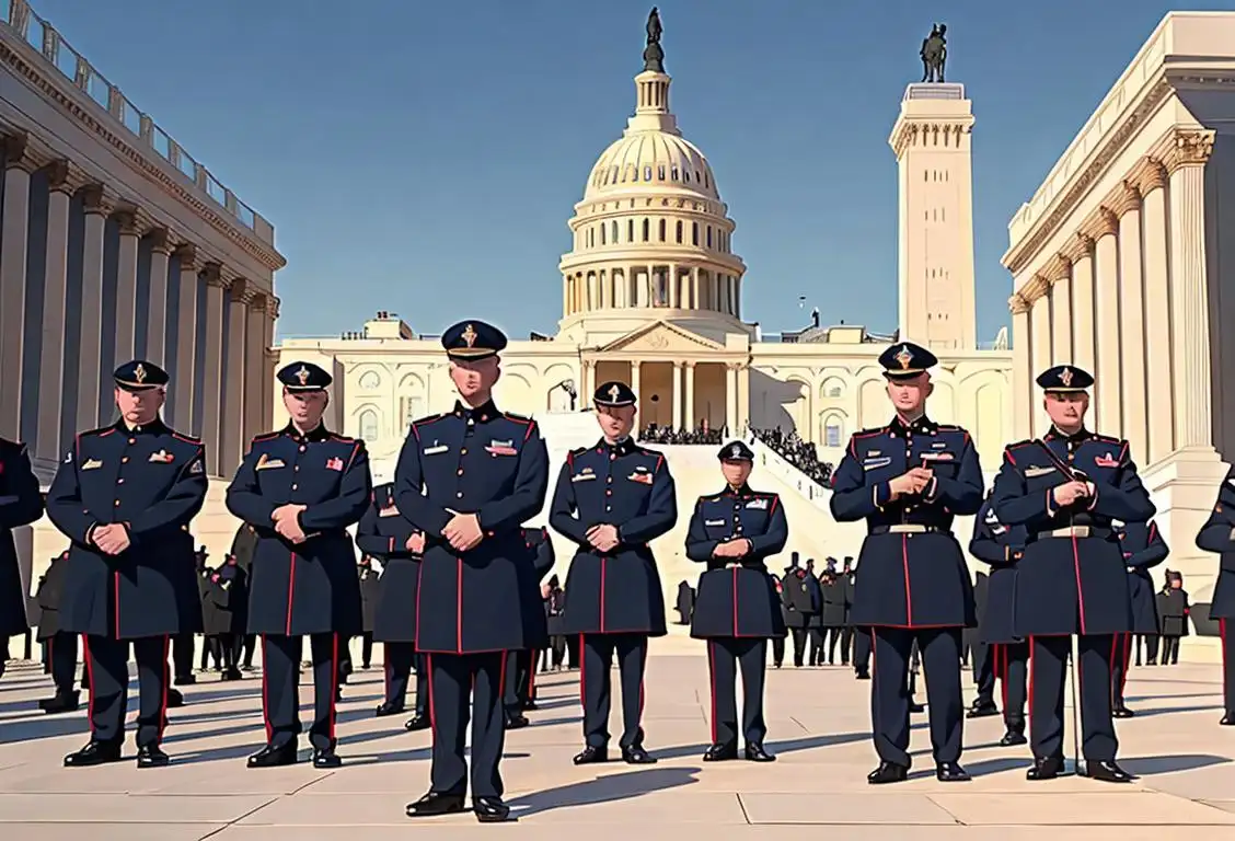 National Guard members in uniform, standing tall and proud, against the backdrop of the U.S. Capitol on Inauguration Day..