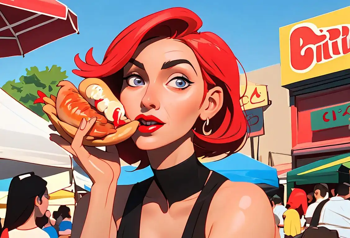 A woman with vibrant red lipstick enjoying chicken wings at a lively outdoor street festival, embracing both culinary and cosmetic delights..