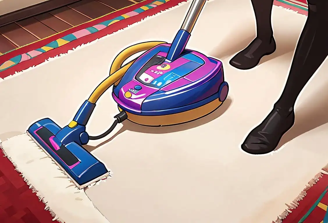A cheerful person, wearing cleaning gloves, using a vacuum cleaner, surrounded by colorful carpets and happy household items..