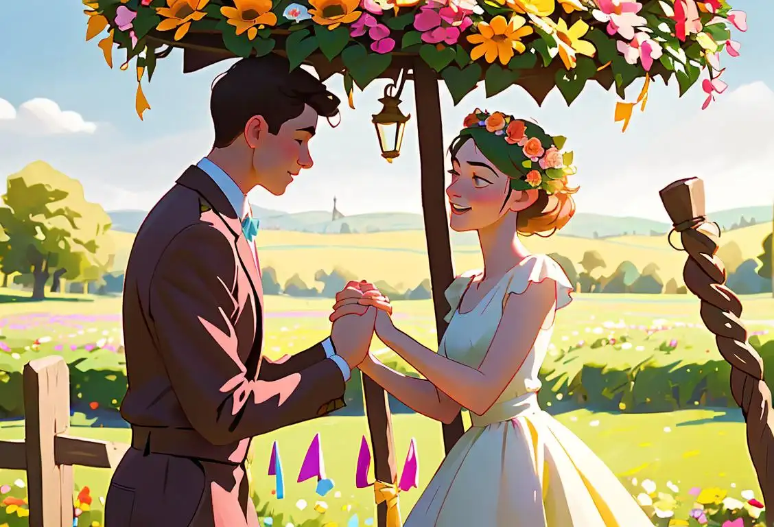 Young men and women wearing flower crowns, holding hands and dancing around a maypole, surrounded by vibrant spring flowers and sunny pastoral backdrop..