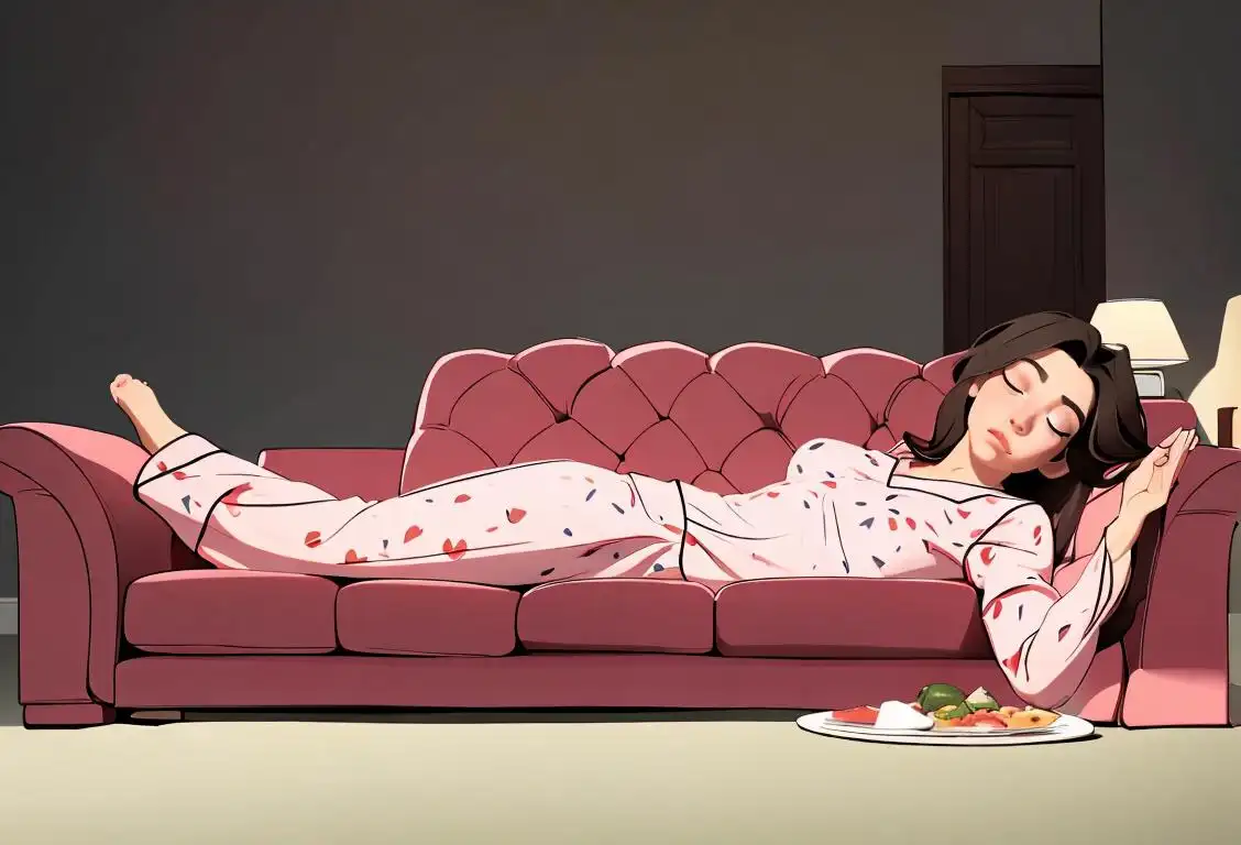 A person lying down on a cozy couch surrounded by empty plates and wearing comfortable pajamas, ready for a food-induced nap..