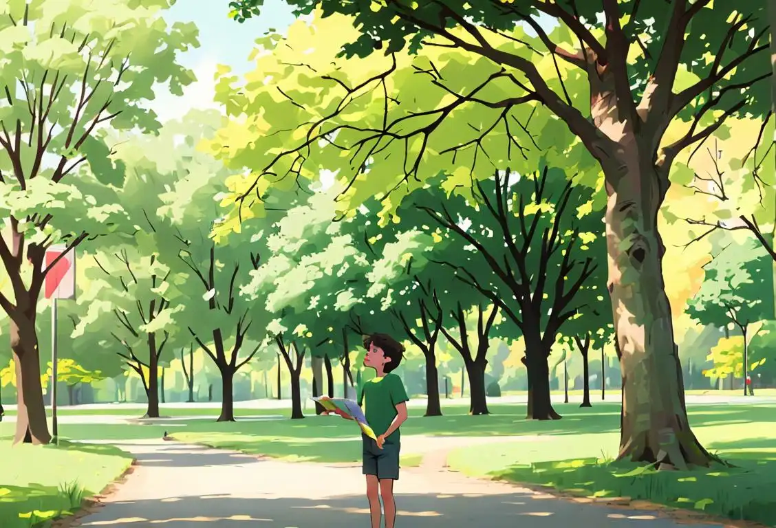 Young person recycling paper, wearing green t-shirt, surrounded by a nature-filled park scene..