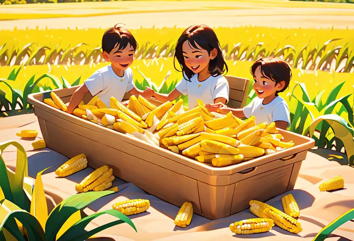 A joyful family surrounded by tall stalks of corn, wearing colorful summer outfits, enjoying corn on the cob at a picnic in a sunny cornfield..