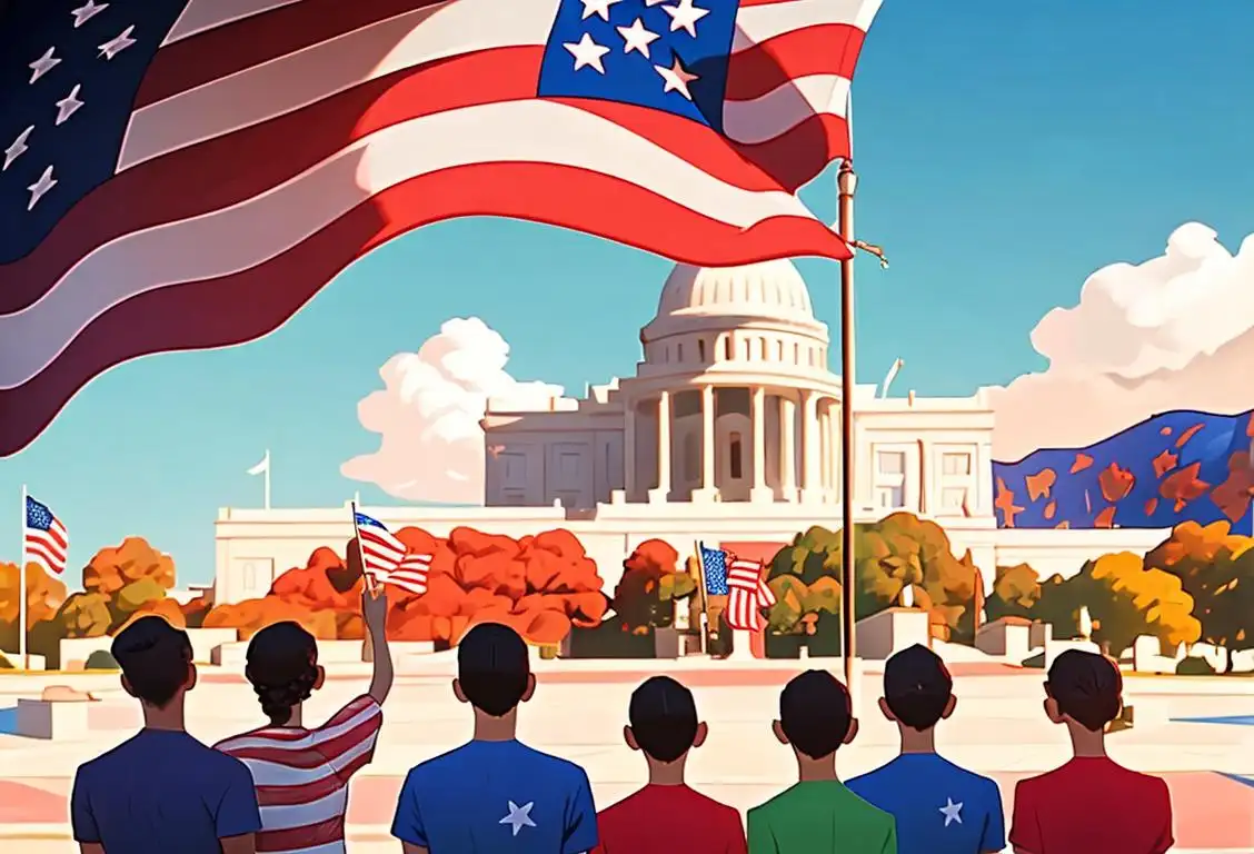 A group of diverse individuals proudly recite the pledge of allegiance while sporting patriotic attire with American flag accessories, set against a backdrop of iconic American landmarks..