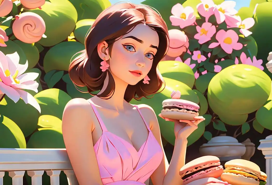Young woman holding a macaroon, wearing a flowy sundress, in a pastel-themed outdoor garden setting..
