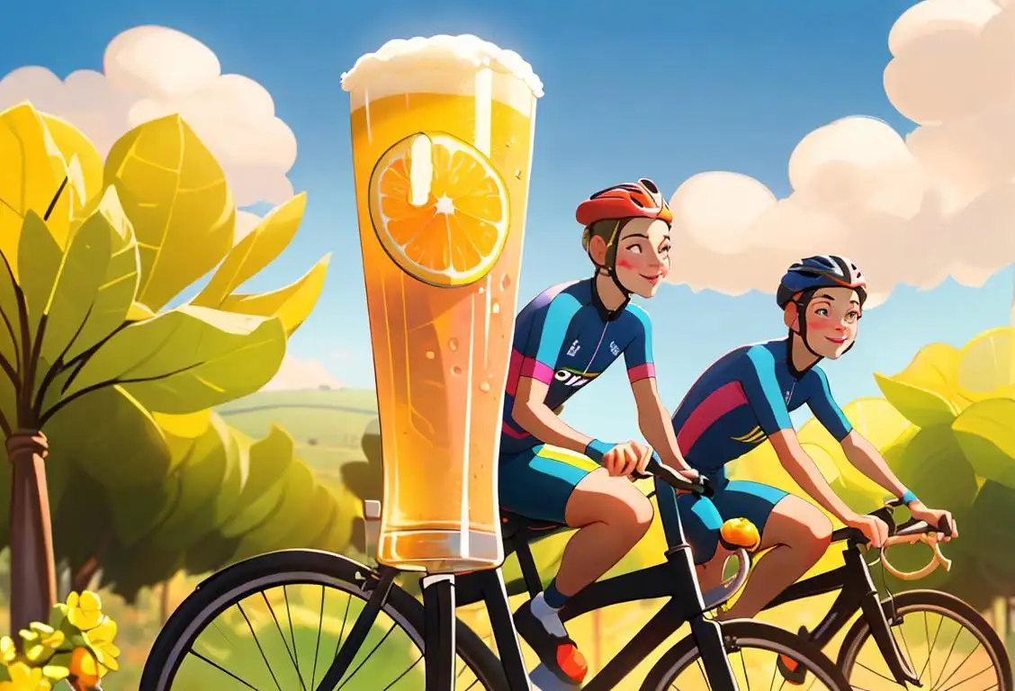 Young adults riding bicycles through a sunny countryside, wearing colorful cycling jerseys and raising glasses of refreshing beer and lemonade radlers..