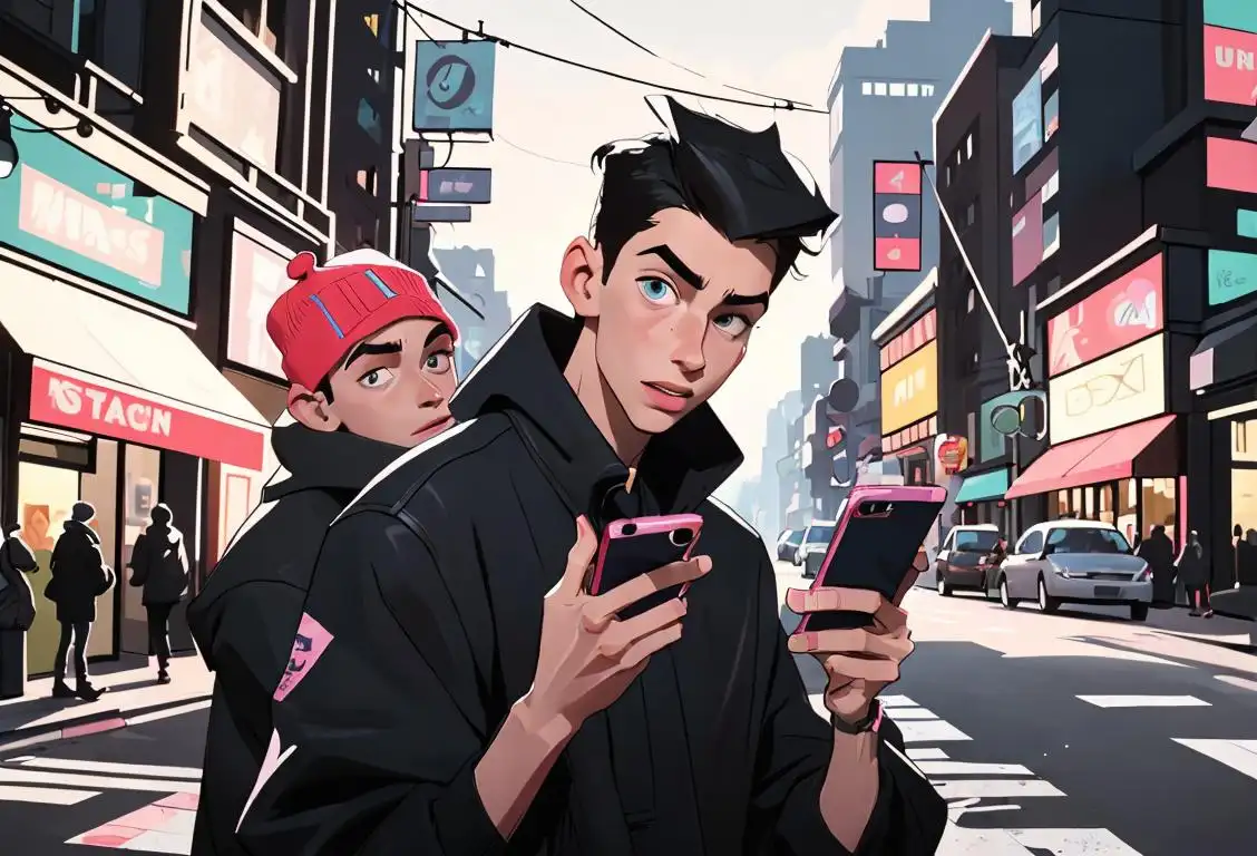 Young man holding two cellphones, one in each hand, looking mischievous, wearing trendy streetwear, urban city setting..