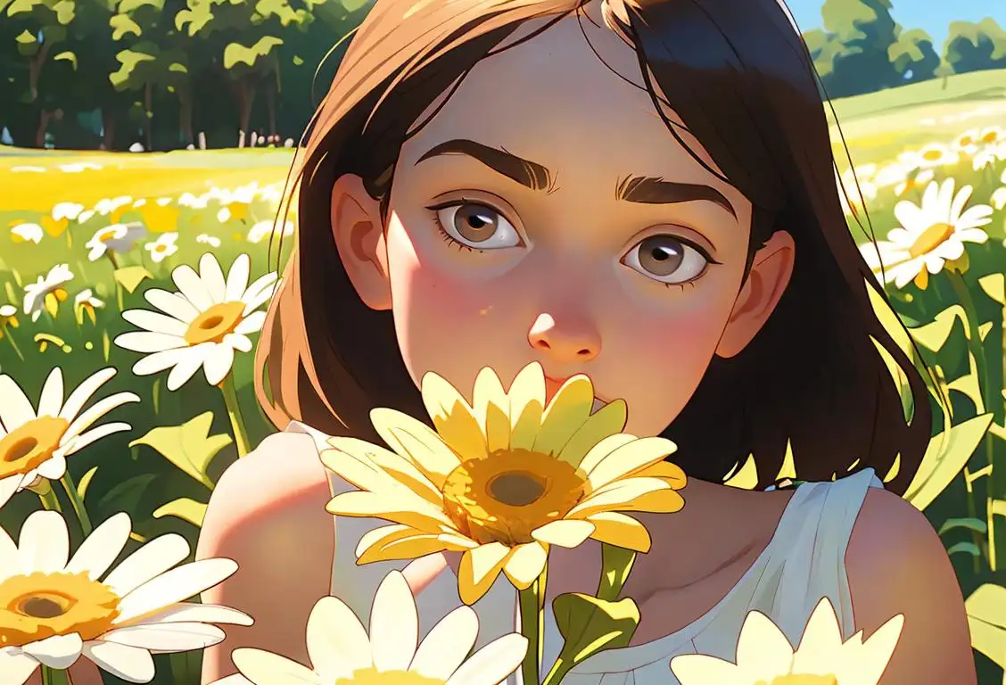 Close-up of a young girl smelling a daisy in a sunny field, dressed in a flowy summer dress, surrounded by butterflies..