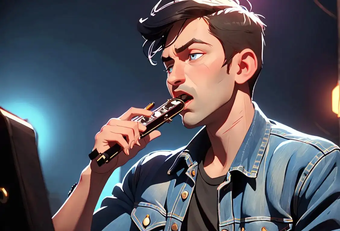 Young man playing harmonica with passion, wearing denim jacket and surrounded by a vibrant blues music scene..