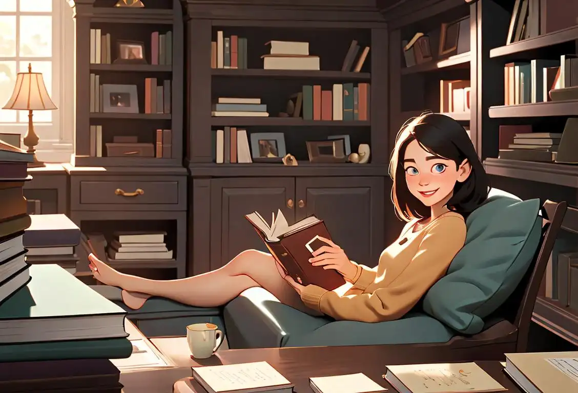 Person handing a book to someone with a smile, surrounded by a cozy library setting, filled with bookshelves and comfy reading nooks..